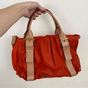 Kate Spade Orange Red Leather Satchel with Beige Straps Designer Purse handbag